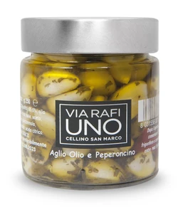 Gousses d'ail Via Rafi conservées avec des piments rouges et du persil dans de l'huile d'olive extra vierge en bocal de verre
