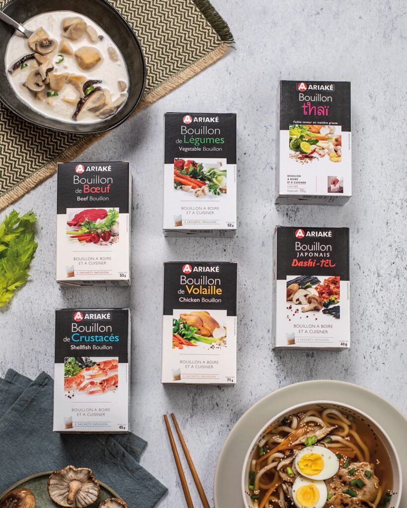 Bouillons ARIAKE présentés en sachets, à infuser : volaille, légumes, bœuf et crustacés