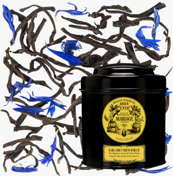 Thé noir Earl Grey French Blue Mariage Frères, parfumé à la bergamote et fleurs bleues