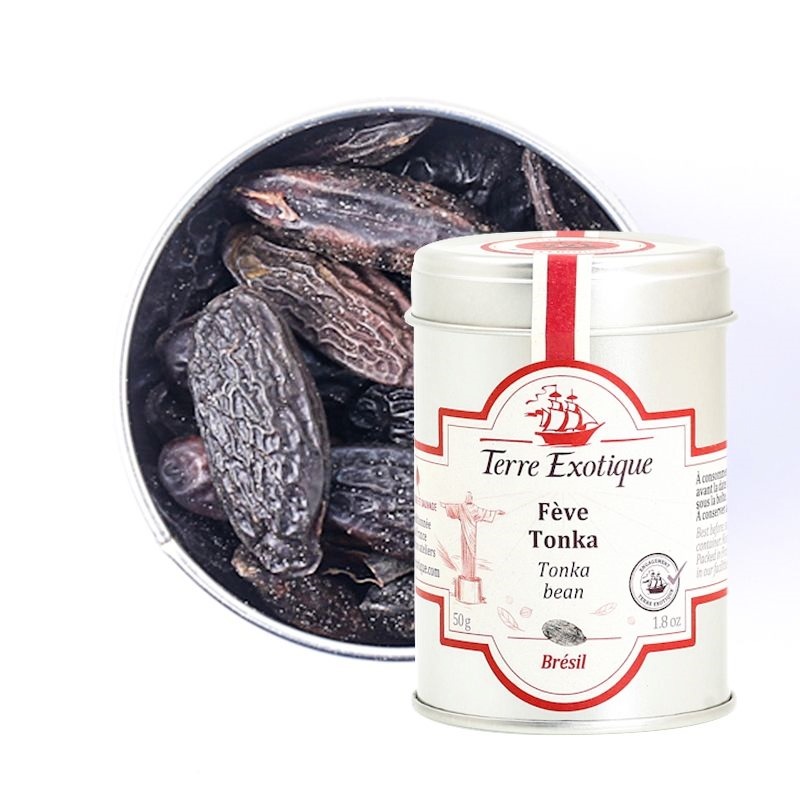 Fève Tonka de Terre Exotique avec un parfum chaud et gourmand entre vanille et caramel présentée en pot métal