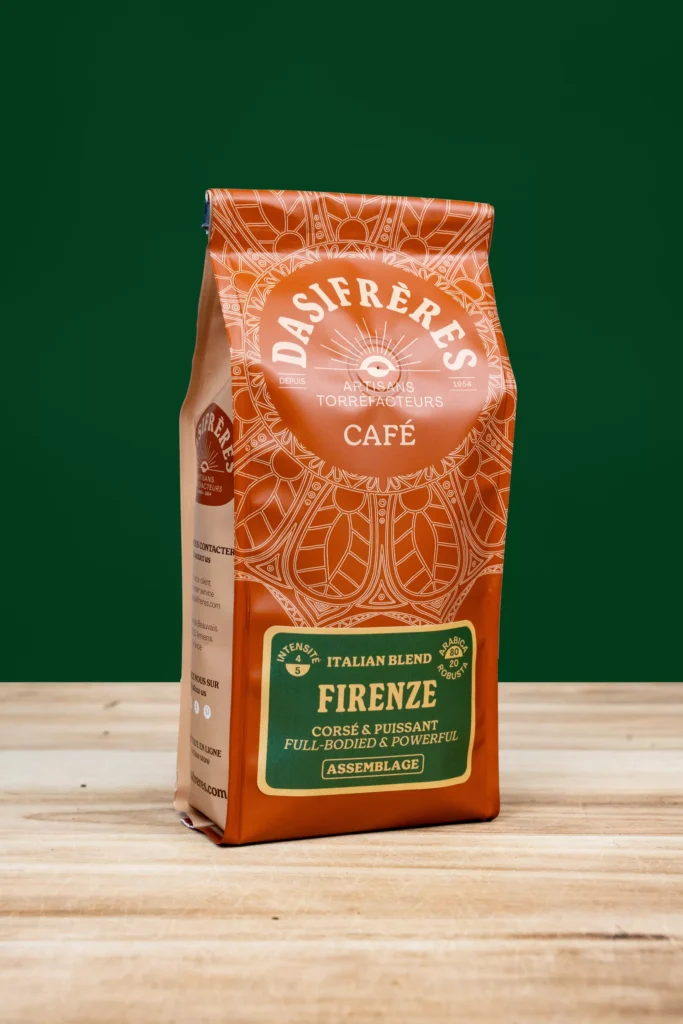 Café Firenze Blend Dasi Frères, mélange 80 % Arabica et 20 % Robusta, notre best-seller pour les amateurs de café corsé en sachet de 250 grs