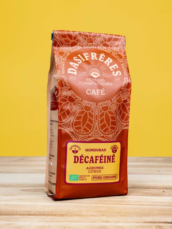 Café décaféiné bio du Honduras Dasi Frères, 100 % Arabica sans solvants, en sachet de 250 grs