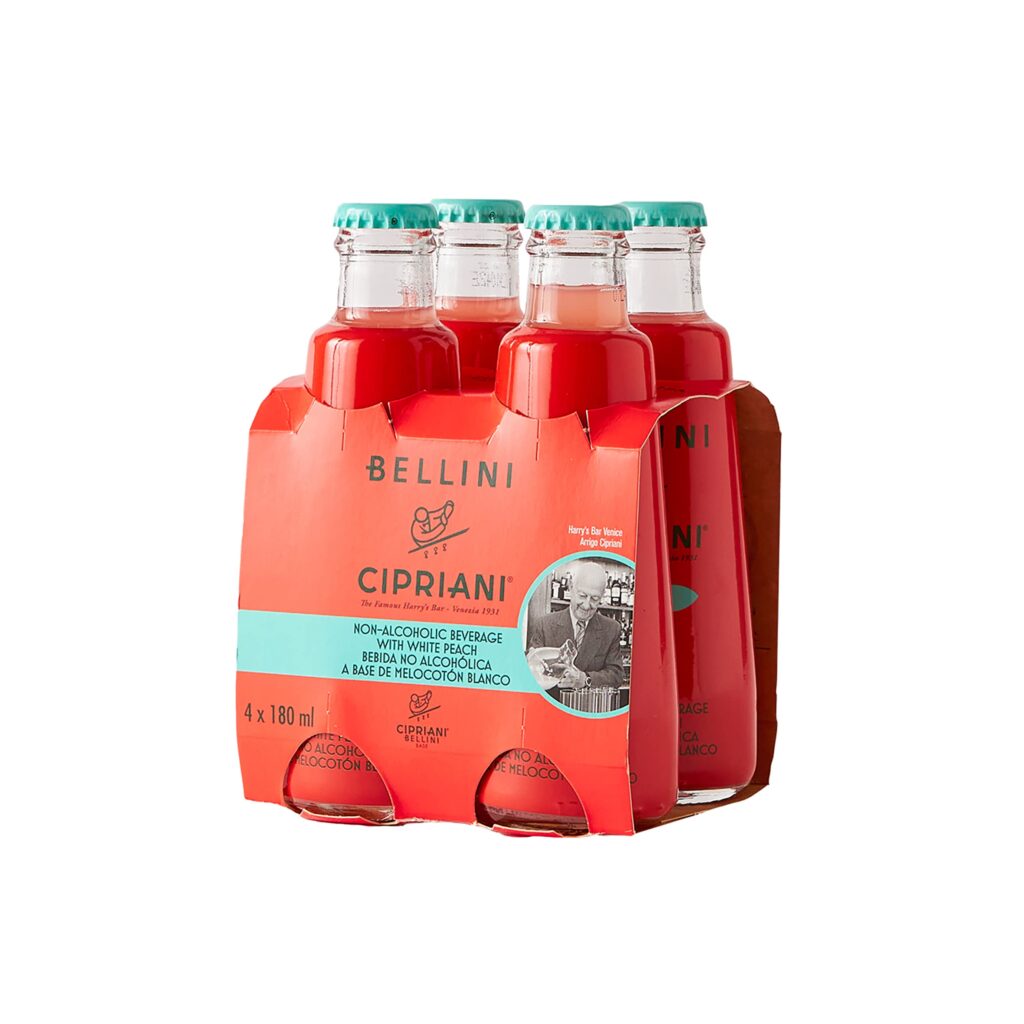 Jus Bellini de Cipriani à base de soda et de purée de pêche blanche, prêt à servir ou à utiliser comme ingrédient de cocktails