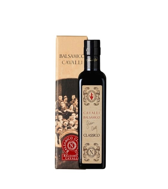 Vinaigre balsamique Cavalli obtenu à partir de moût de vin cuit et vieilli, sans vinaigre de vin ajouté, ni colorant-caramel, ni antioxydant