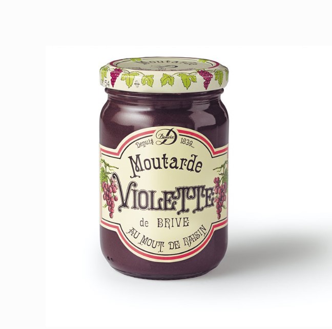 Moutarde violette de Brive fabriquée avec du moût de raisin et des graines fines de moutarde avec une saveur douce et épicée.