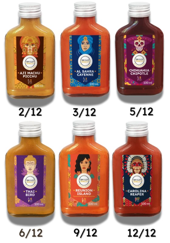 6 sauces SHILLY SHALLY piquantes et gourmandes, de force croissante de 2 à 12 et au profil très différent pour donner du peps à vos plats
